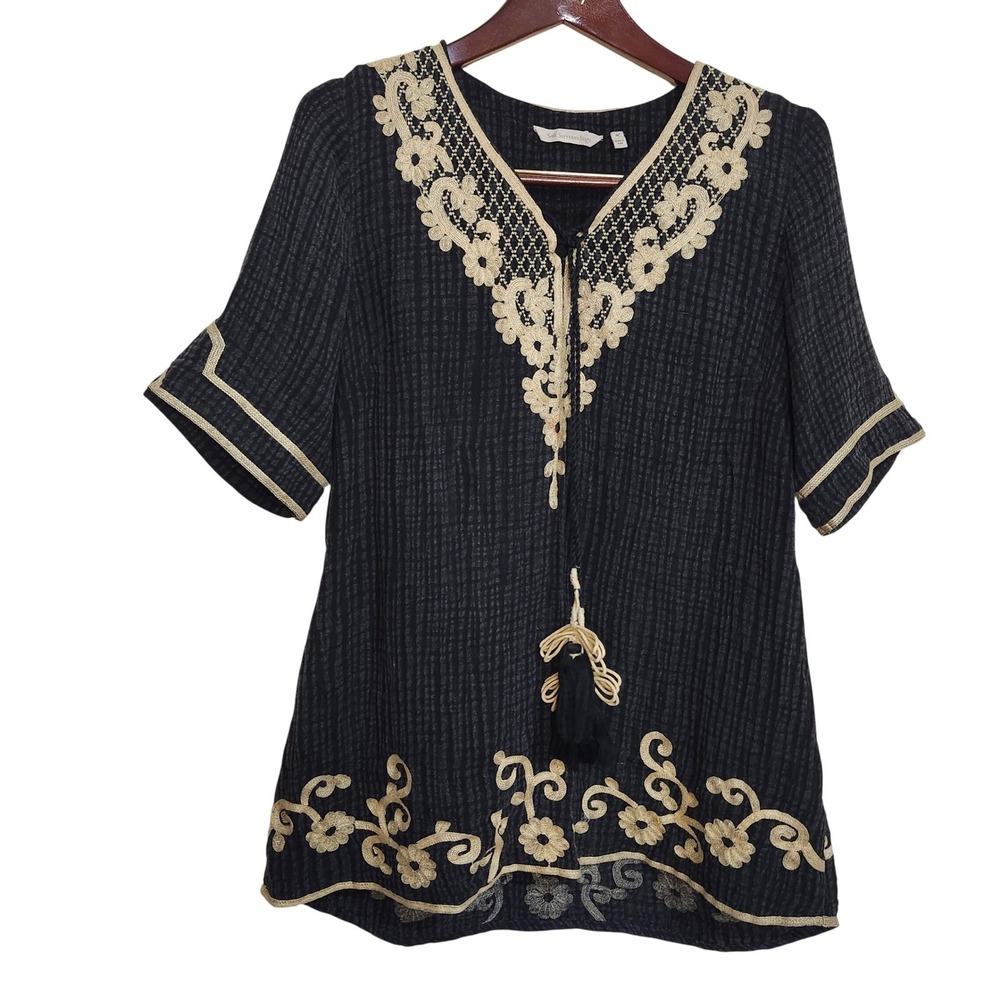 Soft Surroundings Embroidered Tunic Womens Size M Black Boho Tassel Blouse